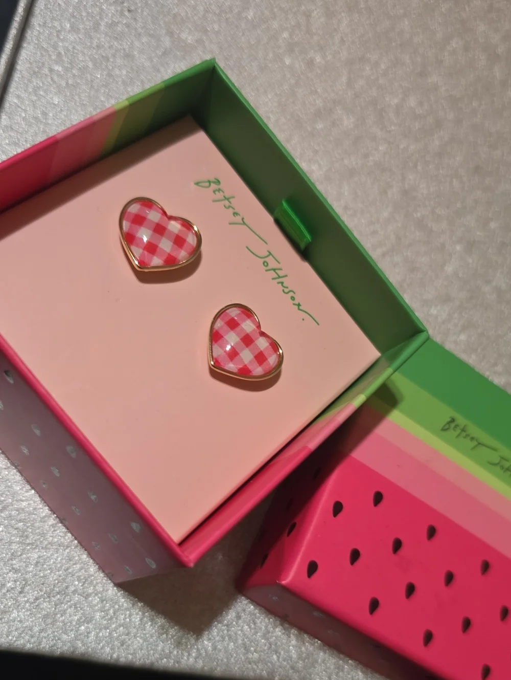 Betsey Johnson Red Gingham Heart Stud Earrings NWT/NIB